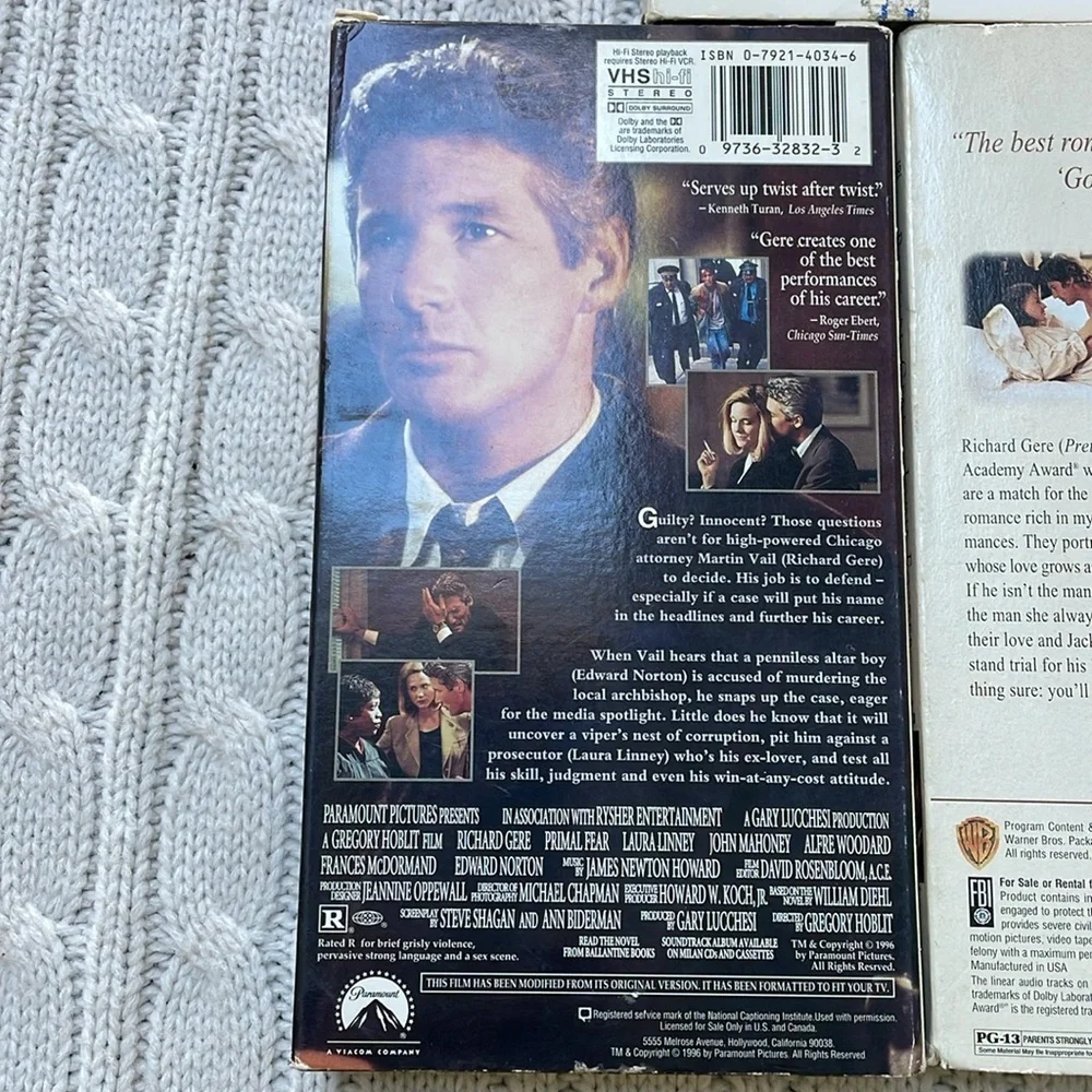 VHS lot of Richard Gere movies. Somersby Primal Fear An Officer and a Gentleman